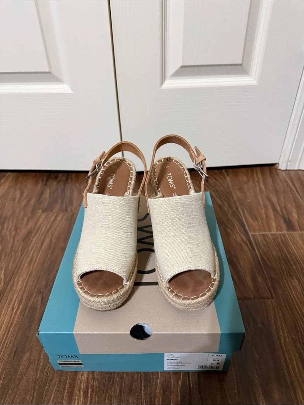 TOMS Cream Canvas Espadrille Wedge Sandals with Tan Ankle Strap